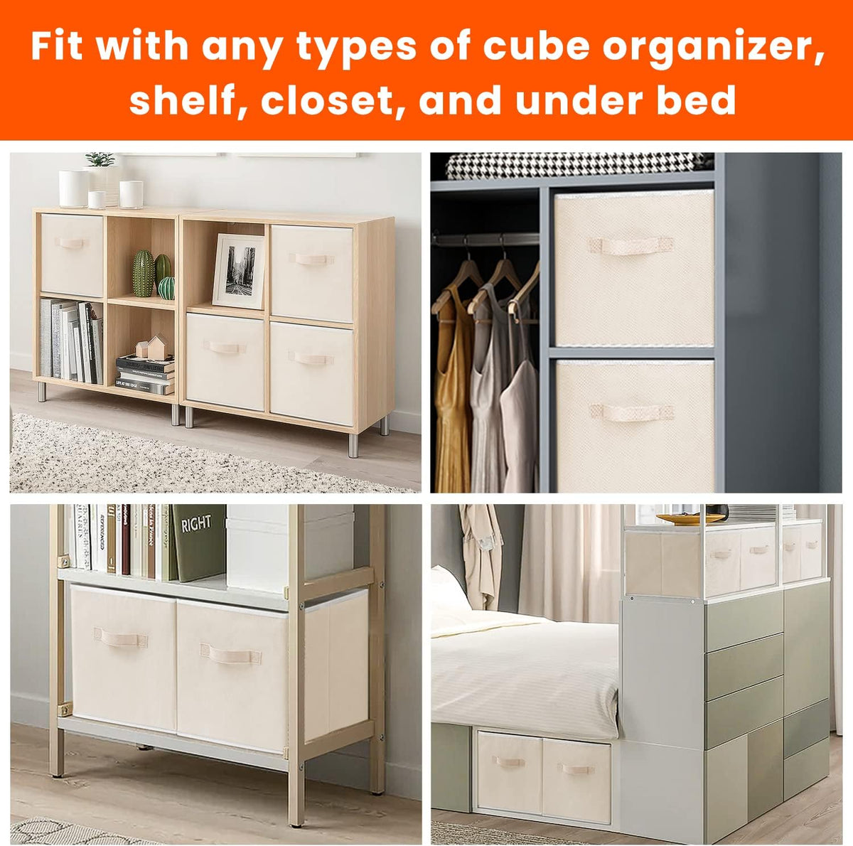 Criusia Large Storage Cubes - 13 Inch Heavy Duty Fabric Storage Bins for Shelves Closet, Cube Organizer - 8 Pack Collapsible Cube Storage Bins Baskets for Organizing Clothes Blankets Toys (Beige)