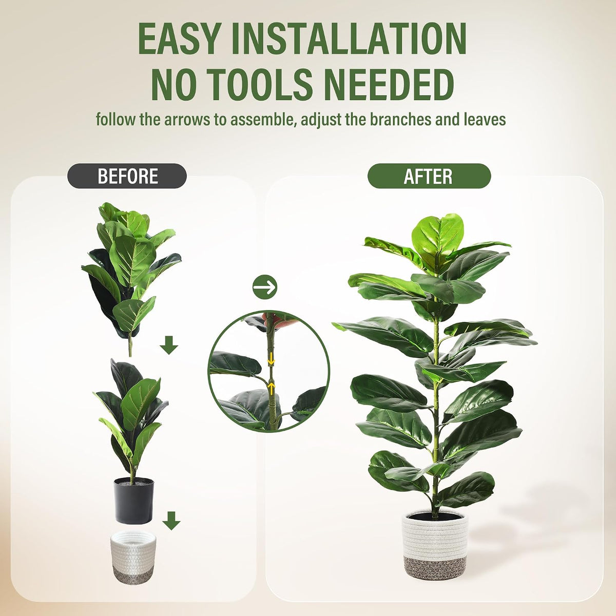 Suntee 2 Pack Faux Fiddle Leaf Fig Trees with Cotton Rope Basket, 30 Inches
