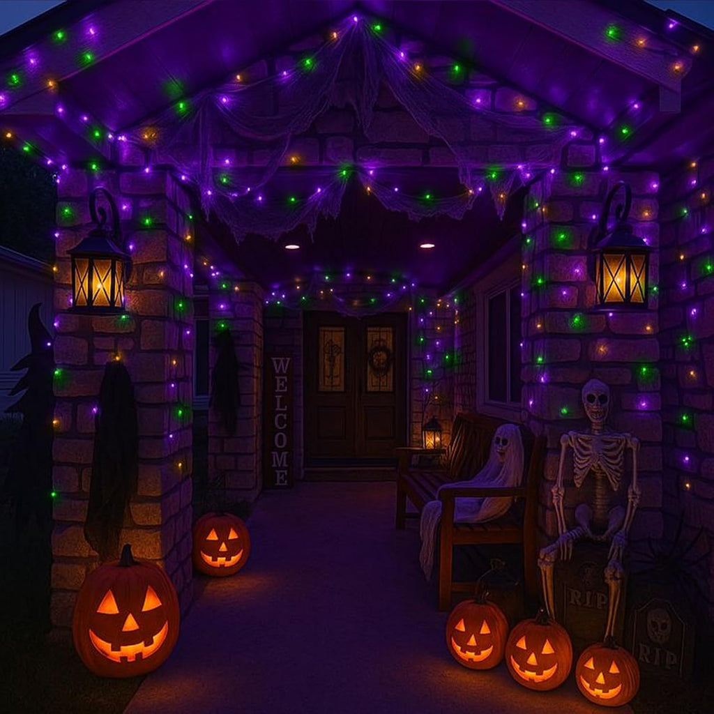 LAMPHOME Halloween Fairy Lights Plug in, 33Ft 100 LEDs Waterproof Twinkle Firefly Lights, Adaptor Included, Starry String Lights for Wedding Indoor Outdoor Christmas Patio Garden, Orange Purple Green