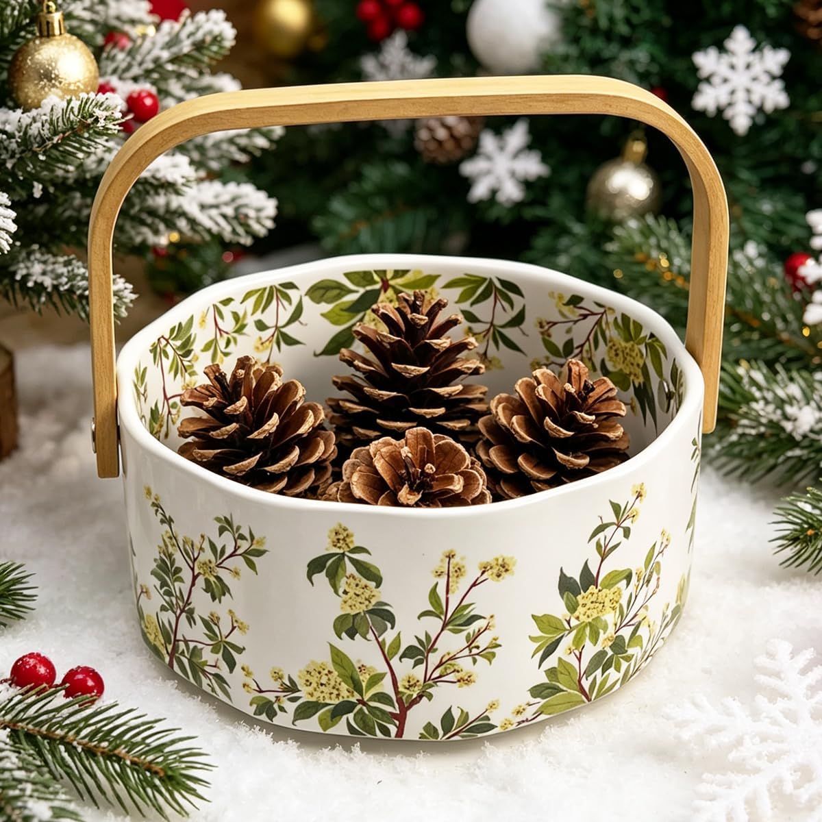 Ceramic Fruit Basket with Detachable Wooden Handle Candy Dish Decorations Ornaments Decorative Bowl for Home Kitchen & Dining Table Office Decor (Osmanthus) 1000ml