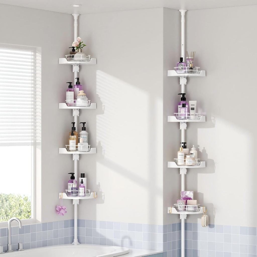 YCIA&DONE 360° Rotating Corner Shower Caddy Tension Pole, 4 Tiers Shower Organizer for Bathroom Shelf Bathtub, Adjustable Standing Shower Rack, Easily Assemble, 34-124 Inch Height, White