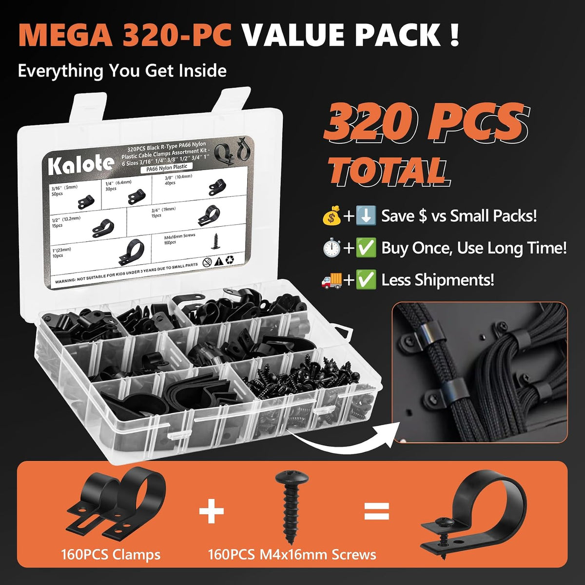 320Pcs Black PA66 Nylon R Type Cable Clamps Clips Assortment Kit