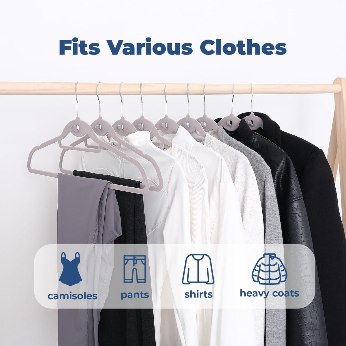 Grey Velvet Hangers, Stackable Hanger with Non Slip Felt Fabric