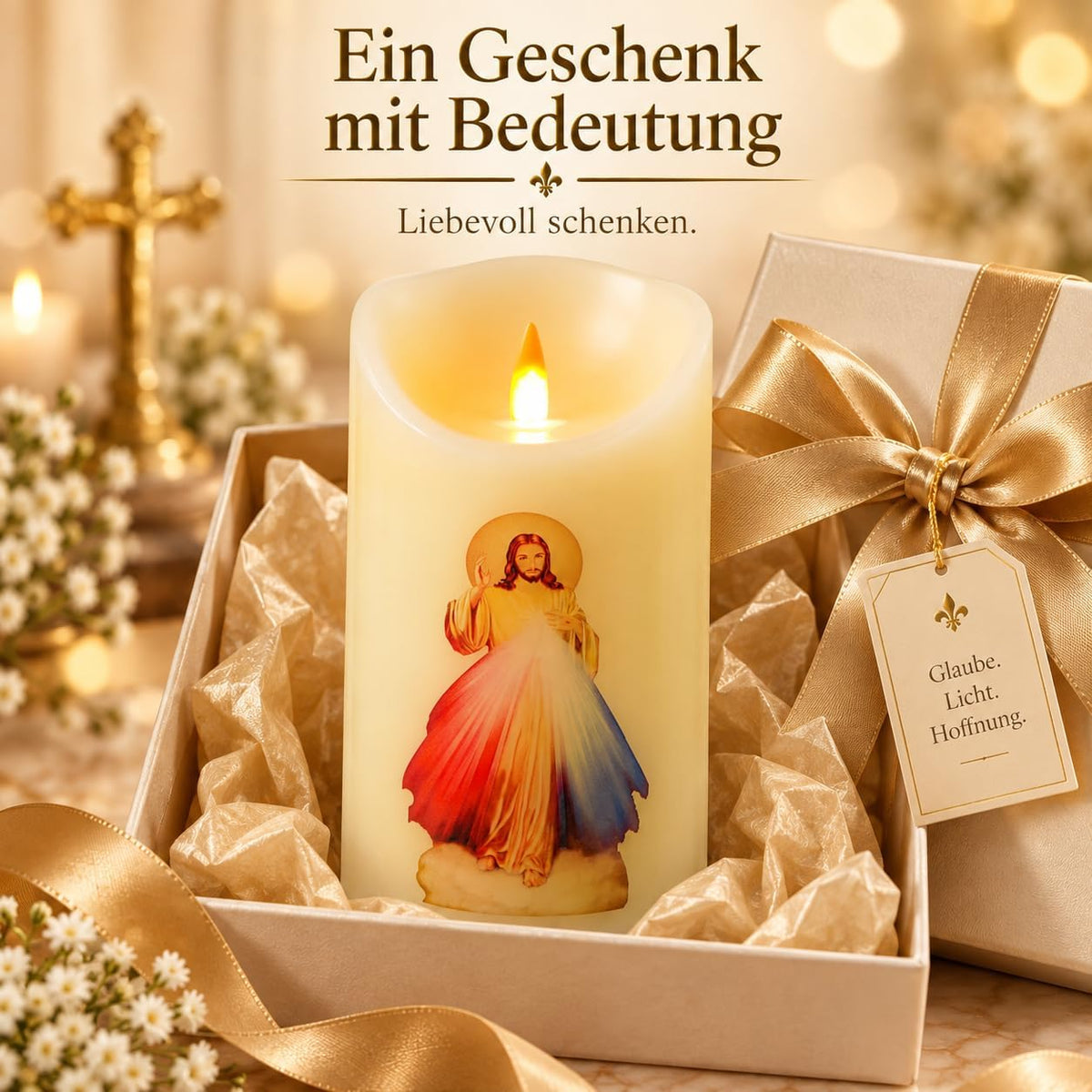 QQFCTOO LED Prayer Flameless Candle with Remote Timer, Battery Powered Candle, Religious Candle, Real Wax, for Home Altar, Church, Devotional,6" x 3.2"（Jesus