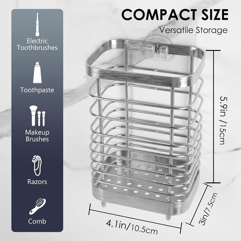Wall Mount Toothbrush Holder for Bathroom, Stainless Steel Rustproof Toothbrush and Toothpaste Holder Organizer, Electric Toothbrush Holder Self Adhesive Wallmount/Countertop Organizer(Silver)