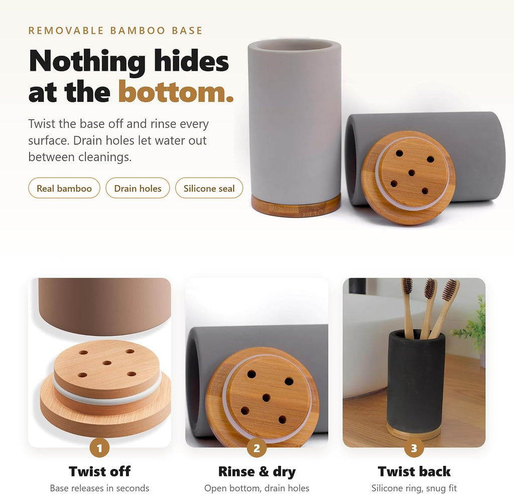 Matani Bamboo Toothbrush Holder Diatomite Tooth Brush Organizer - Storage Stand for Small Bathroom & Counter - Removable Base & Drain Holes, Water-Absorbent & Quick-Drying (Grey)