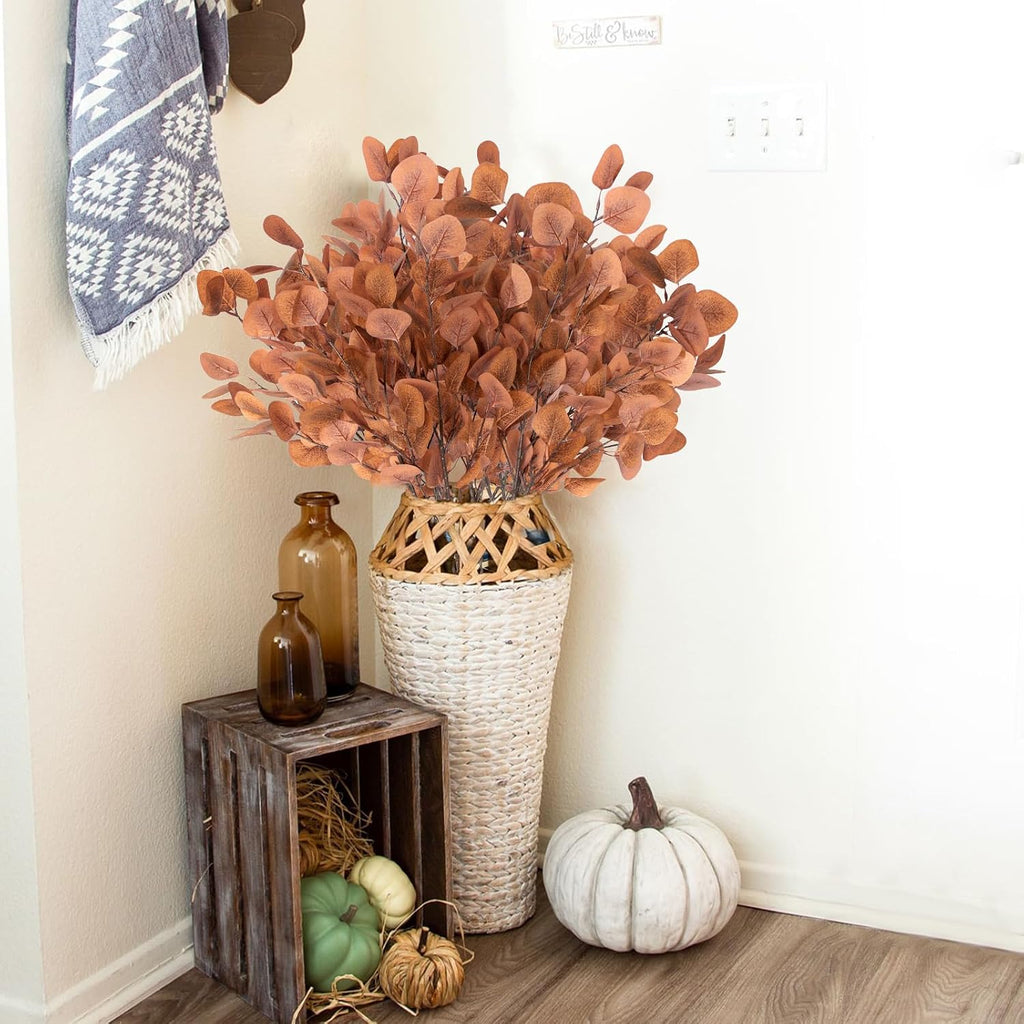 6 Pcs Fall Artificial Eucalyptus Stems Fall Decorations with Eucalyptus Leaf Branches for Indoor Home Autumn Festival Thanksgiving Decor(Dark Brown)