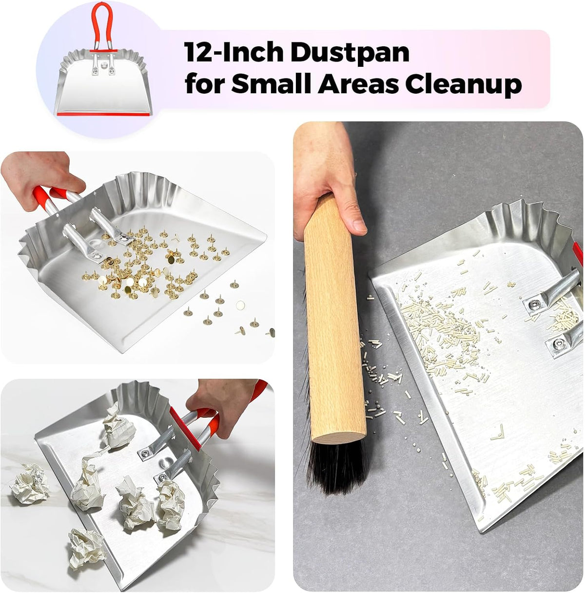 2 Pack Metal Dust Pan 17" and 12", Aluminum Heavy Duty Dust Pans with Non-Slip Rubber Handle, Durable Lightweight Large & Small Dustpan for Sweeping, Garage, Leaf, Household, Outdoor Cleaning
