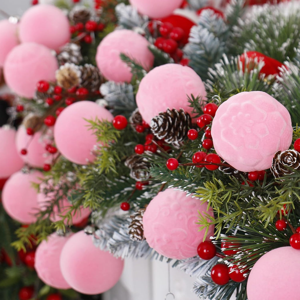 30PCS Pink Velvet Christmas Ball Ornaments for Xmas Tree Decorations