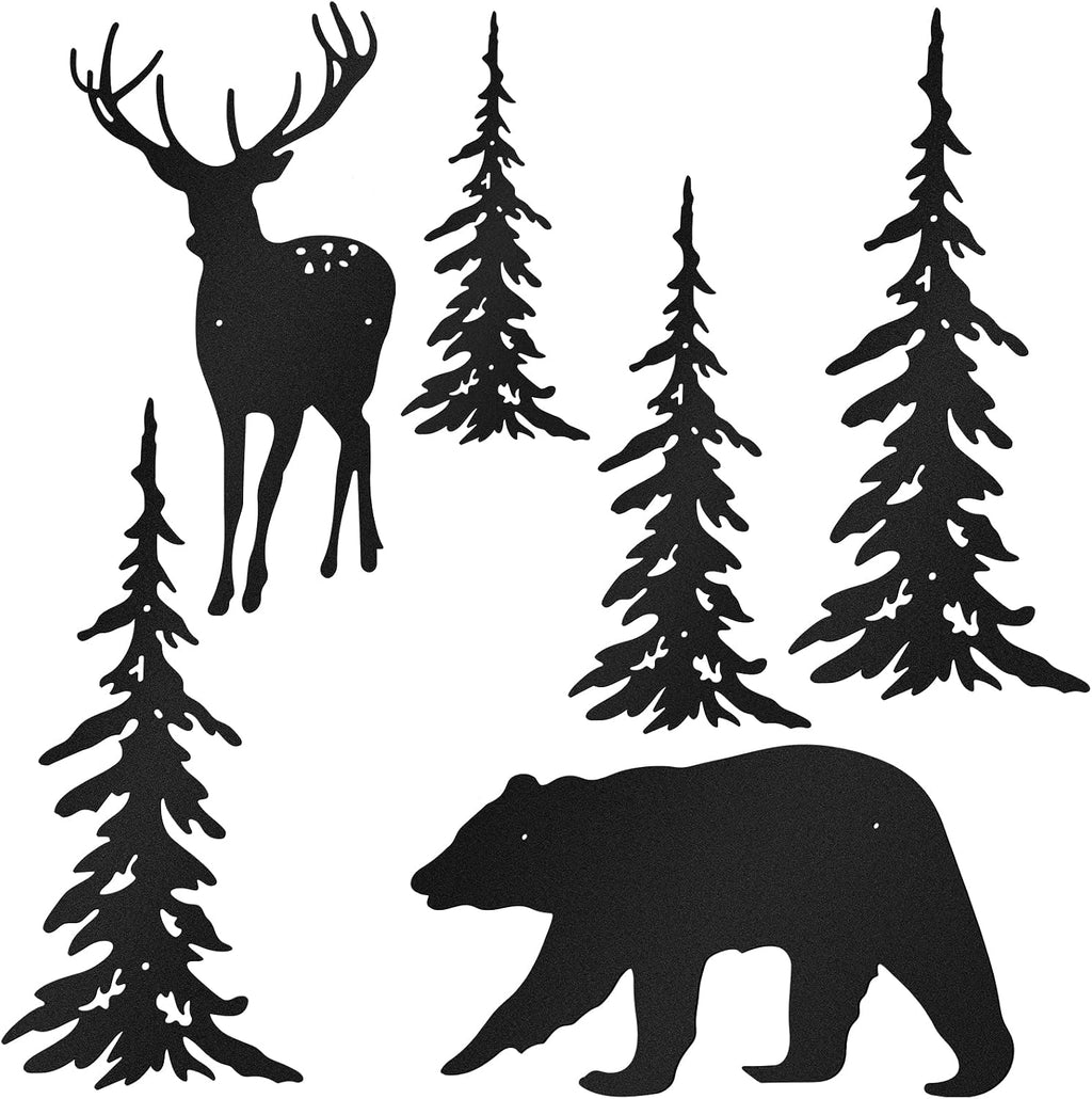 Moxweyeni 6 Pcs Metal Pine Tree Wall Art, Deer Bear Decor, Black