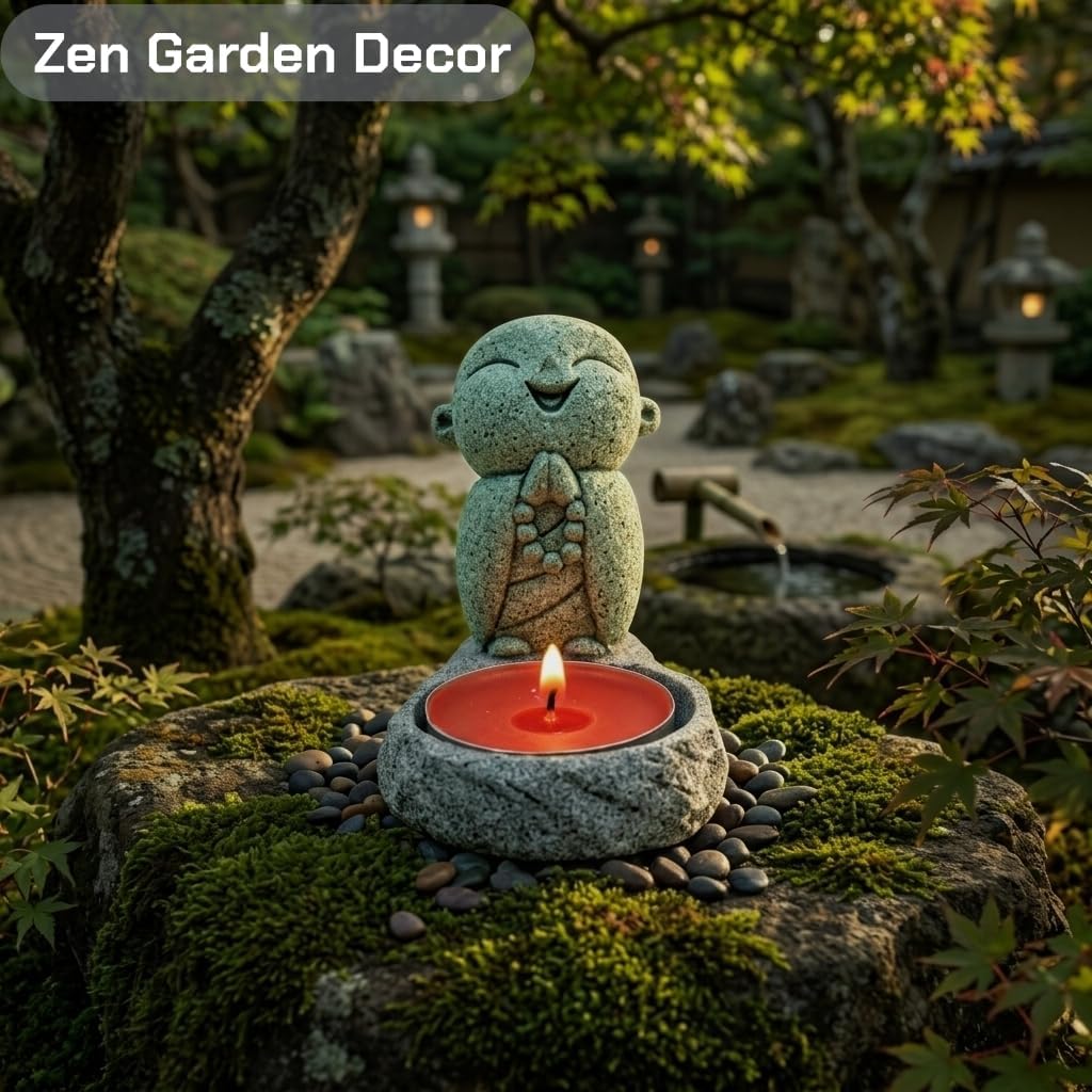 Buddha Tea Light Candle Holder, Small Sandstone Laughing Buddha Statue Zen Meditation Yoga Gift with Lucky Charm, Candle Holder for Home Decor Housewarming Mother's Day.2.75INCH