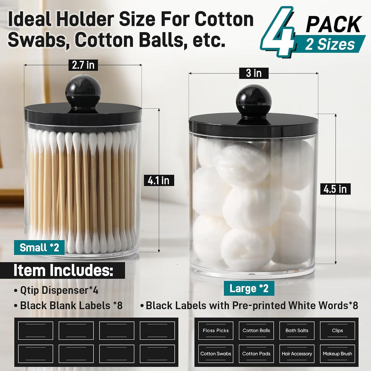 4 Pack Acrylic Qtip Holder Dispenser for Cotton Swabs, Balls, Pads, Floss - Plastic Canister Apothecary Jar Set, Bathroom Essentials Accessories Decor Vanity Makeup Storage Organizer - Clear & Black