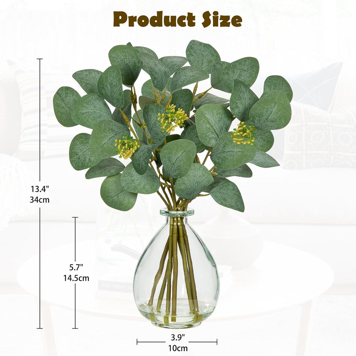DILATATA Artificial Eucalyptus Stems in Glass Vase with Faux Water, 13" Fake Plant Eucalyptus Leaves Greenery for Table Centerpiece Office Home Decor - Clear