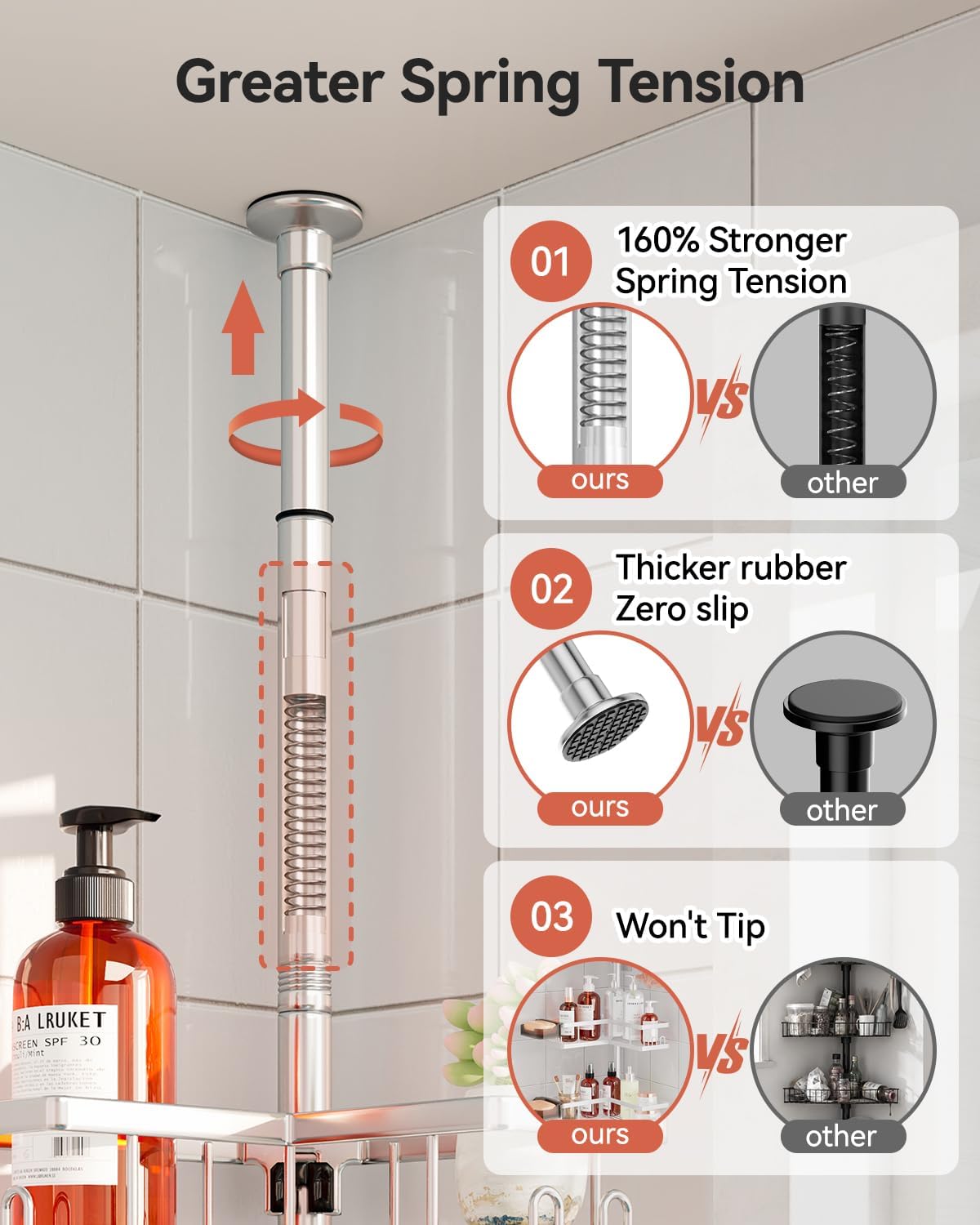 YASONIC Corner Shower Caddy Tension Pole, Adjustable Shower Shelves, Rust-Resistant Shower Organizer, No-Drill 3-Step Installation, Bathroom Shelves for Renters & Family, Silver