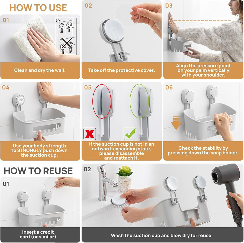 LEVERLOC Shower Caddy Suction Cup, Bathroom Shower Organizer, Grey