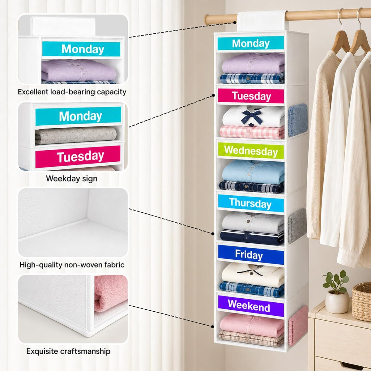6 Shelf Weekly Clothes Organizer for Kids Daily Outfit(White)