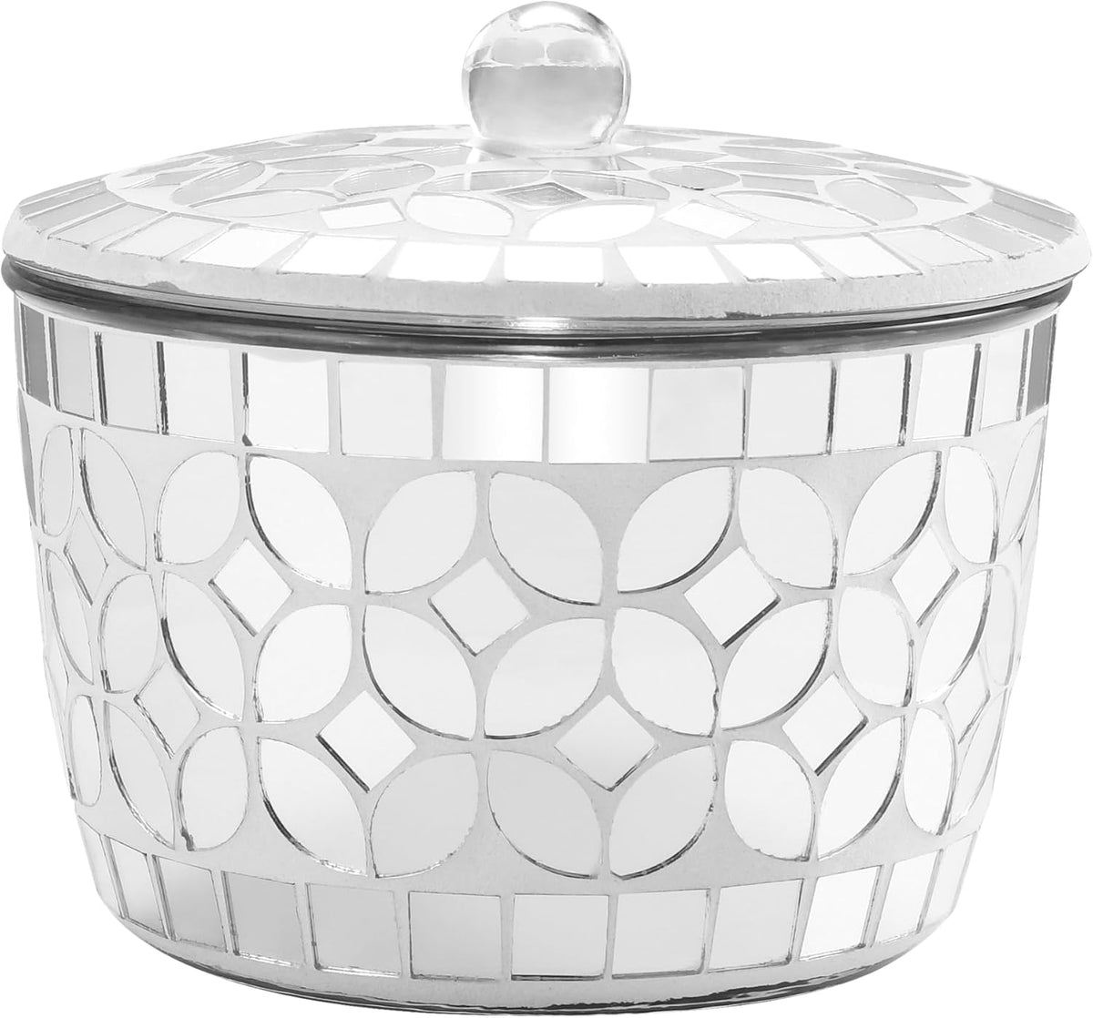 Bathroom Qtip Holder Silver, Countertop Storage Organizer Canister Jar Qtip Dispenser Holder Mosaic Glass with Lid - for Cotton Swabs,Bath Salts, Hair Band, Cotton Balls (Silver Mirror)