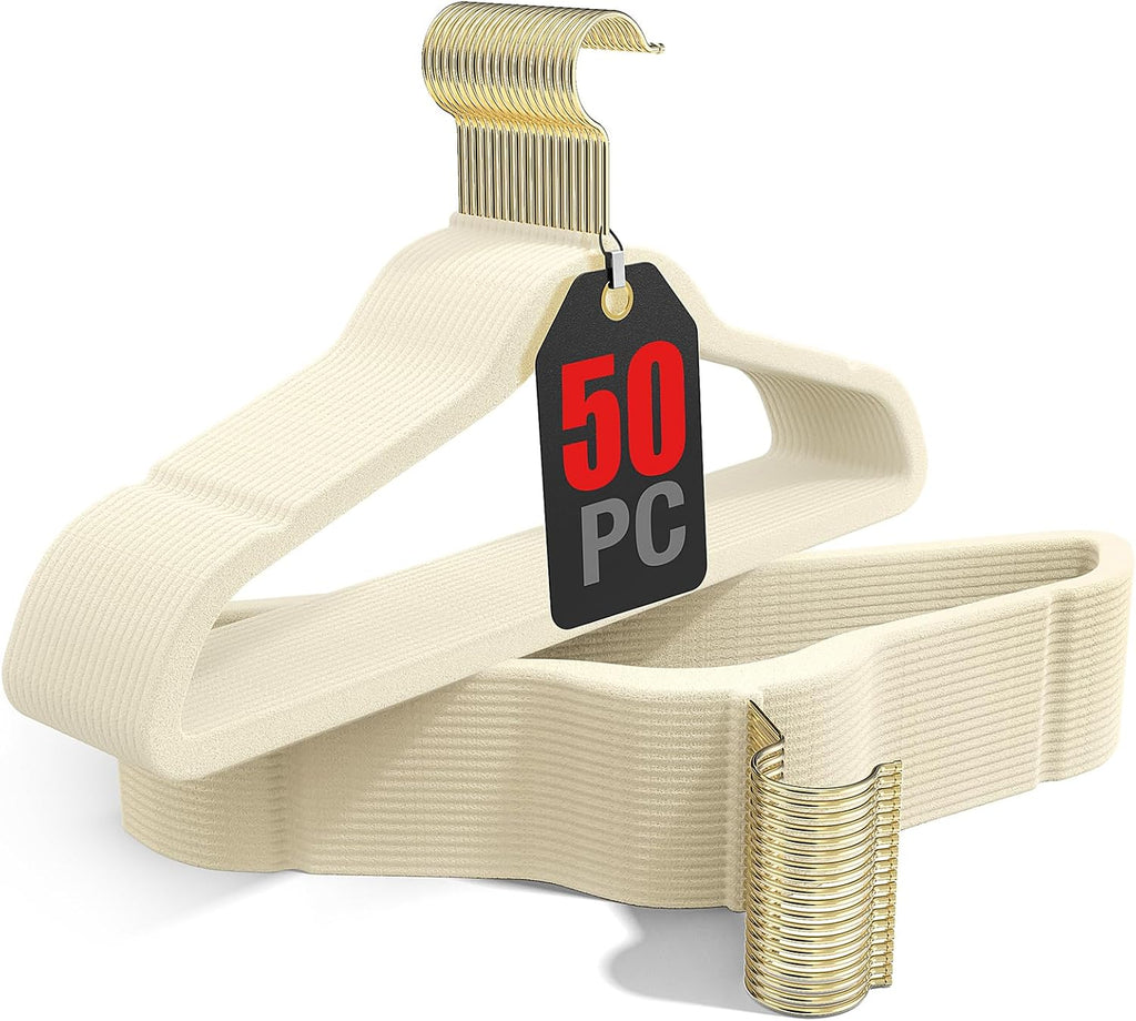 Korpai 50 Pack Beige Velvet Hangers,Felt Hangers with Gold 360°Swivel Hook,Coat Hanger Non Slip,Heavy-Duty,Space Saving,Slim Clothes Hangers for Pants,Outfit,Skirts,Suits,Coats,Dresses ect.