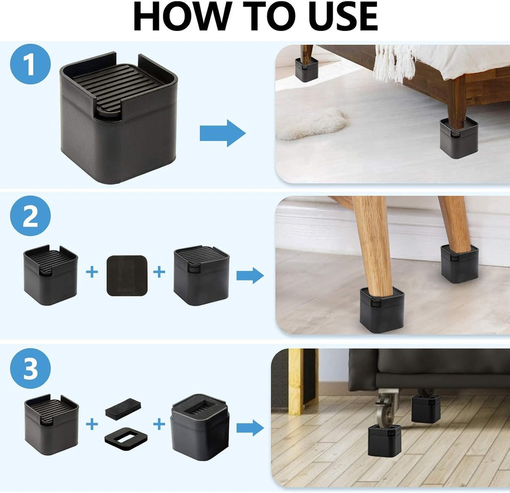 BTSD-home 3 or 4 Inch Bed Risers for Furniture Wheels, Black, 4 Pack