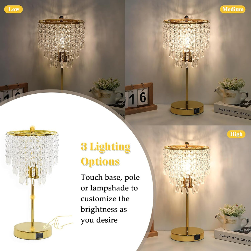 Crystal Table Lamp with USB C+A Ports, 3-Way Dimmable Touch Lamp, Gold Lamp