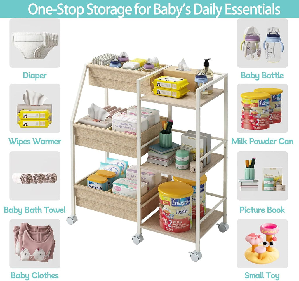 Baby Diaper Caddy Organizer Cart, 3‑Tier Rolling Storage Cart