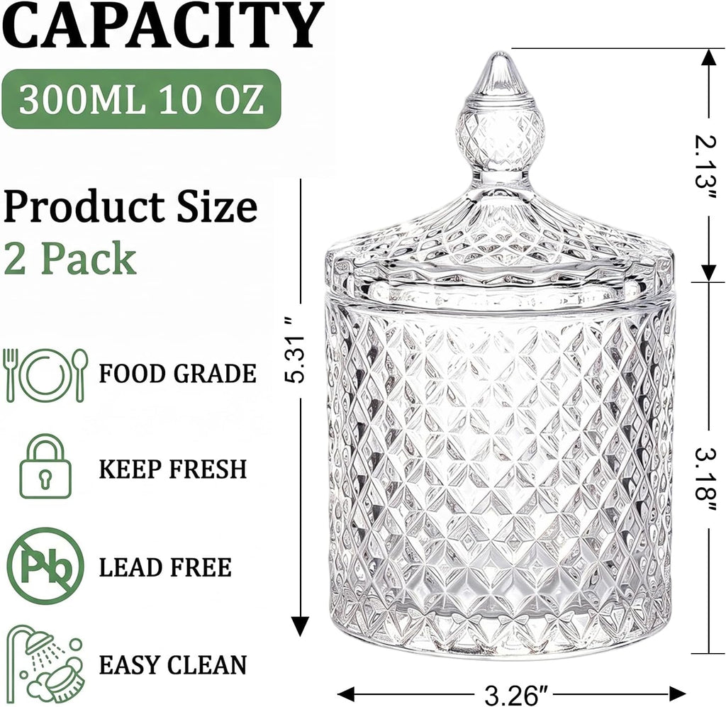 2 Pack Qtip Holder, Crystal Glass Apothecary Jars with Lids, Diamond Cut