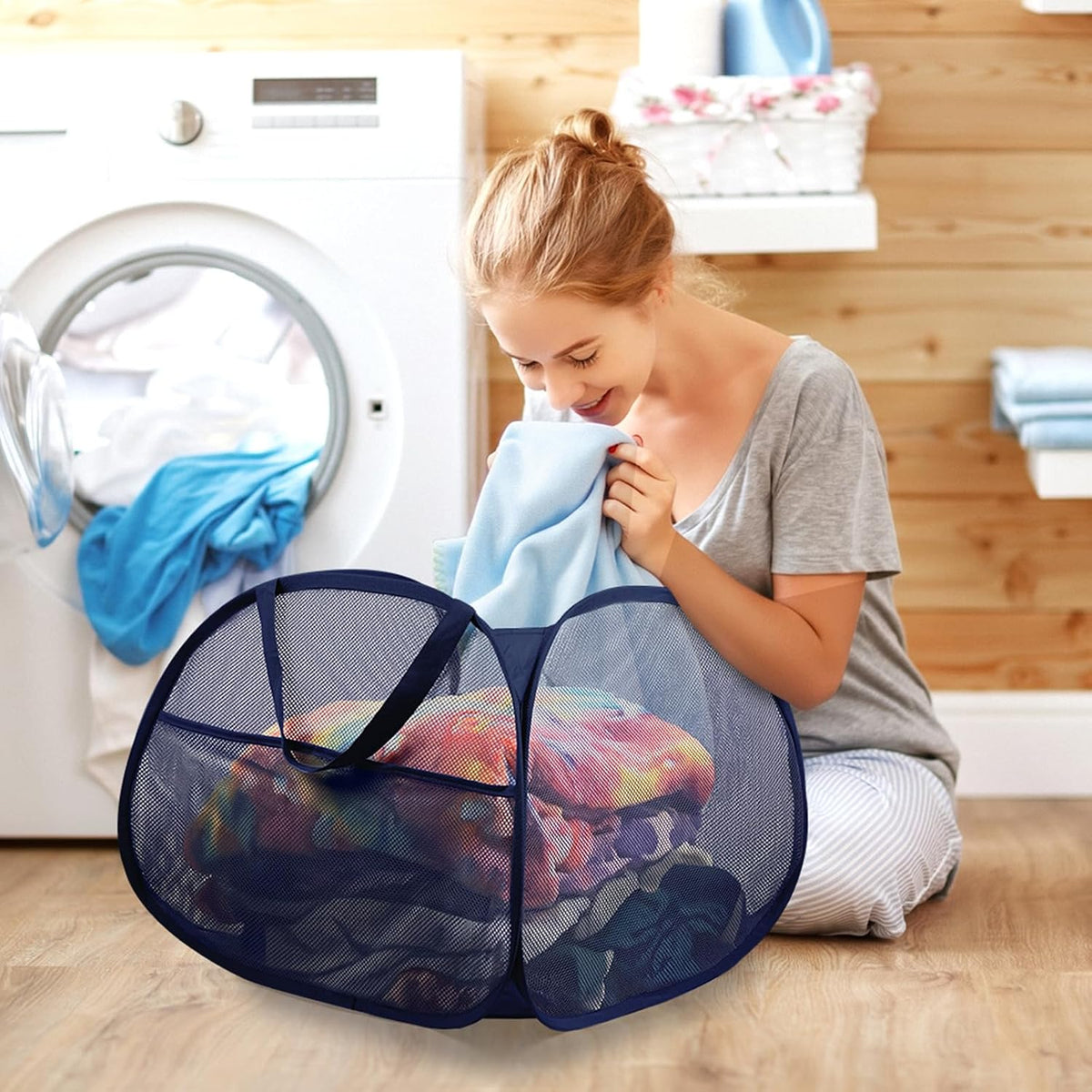 2 Pack Collapsible Foldable Laundry Baskets, 90L Large Durable Mesh Pop Up Hampers for Bedroom, Bathroom, Dorm, Laundry Room, Travel - Navy