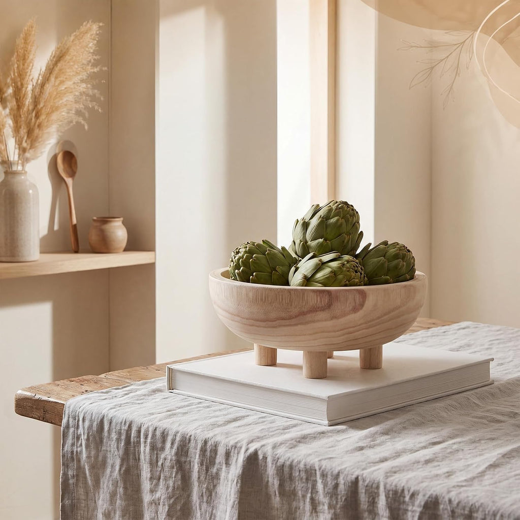 Natural Wooden Fruit Bowl with 4 Legs for Kitchen Counter