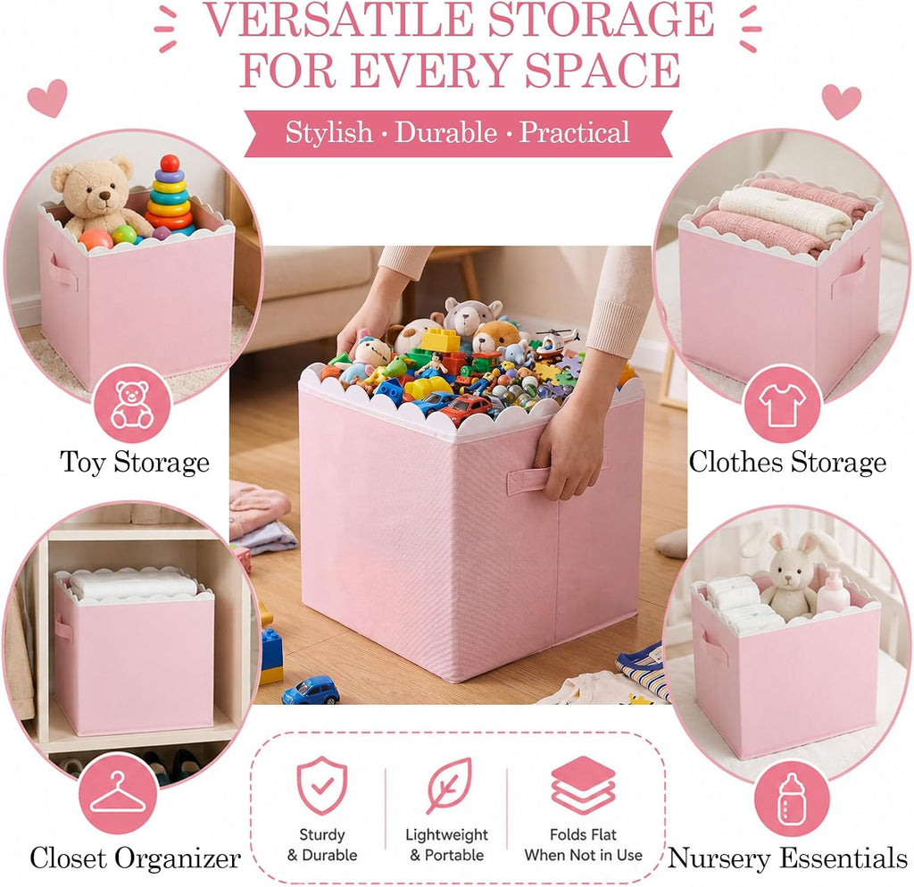 Yalikop 6 Pcs Pink Scalloped Cube Storage Bins 11 Inch Fabric Basket