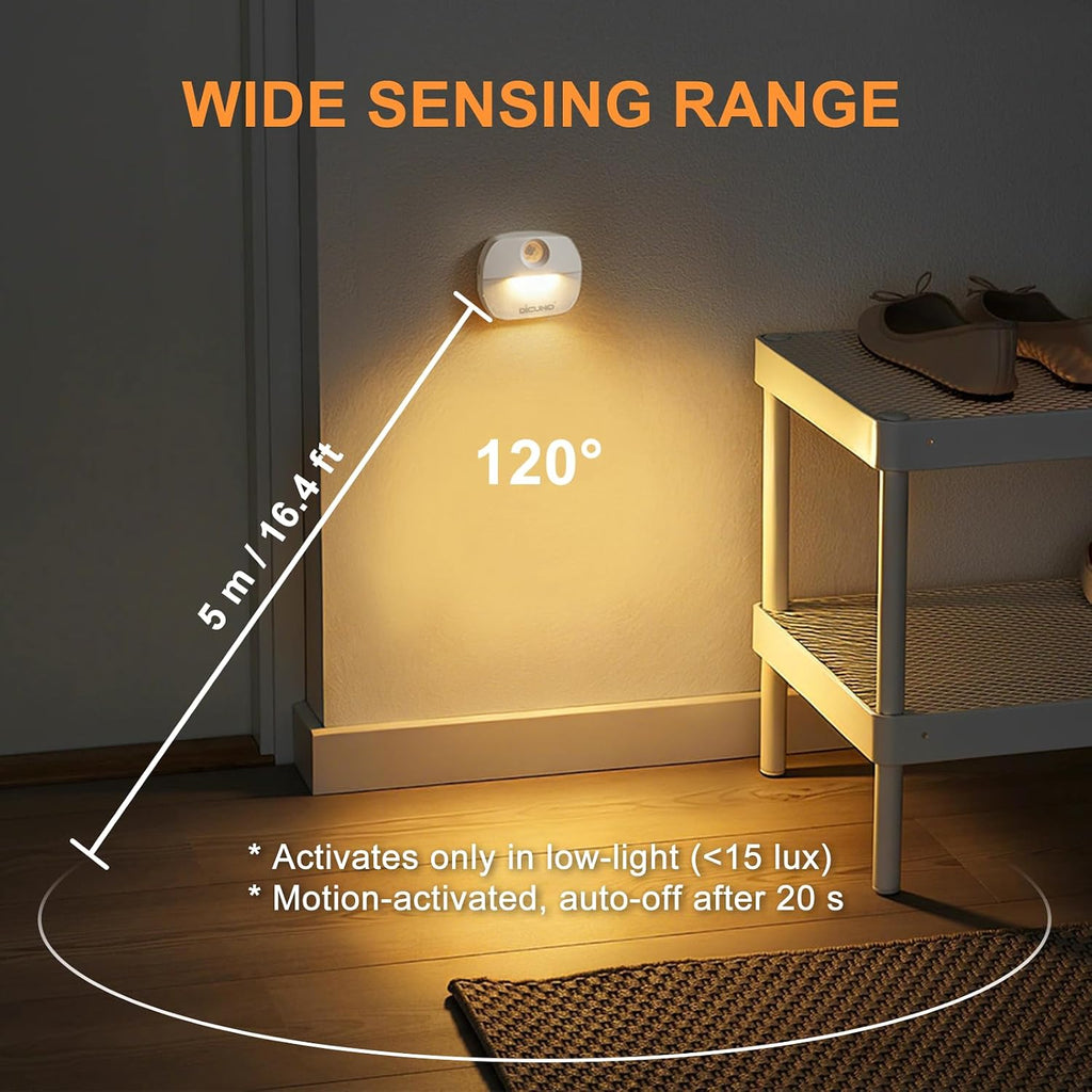 DiCUNO Motion Sensor Night Light, Stick-On, Battery Operated, 3000K, 4-Pack