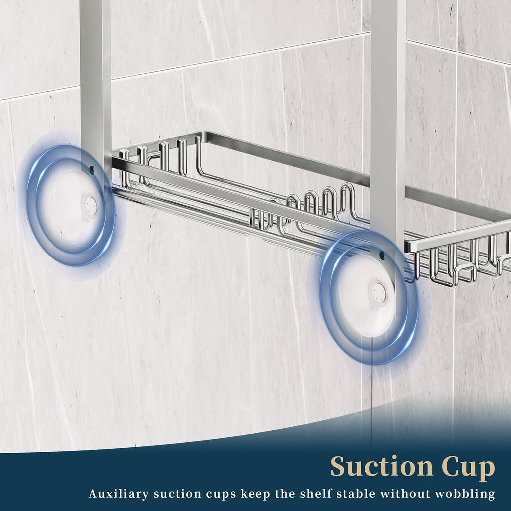 Consumest Over The Door Shower Caddy - 4 Tier Adjustable Hanging Shower Organizer Shelf with 2 Soap Holders & 22 Hooks, Rustproof Easy Installation Hanging Storage Rack for Bathroom, Silver