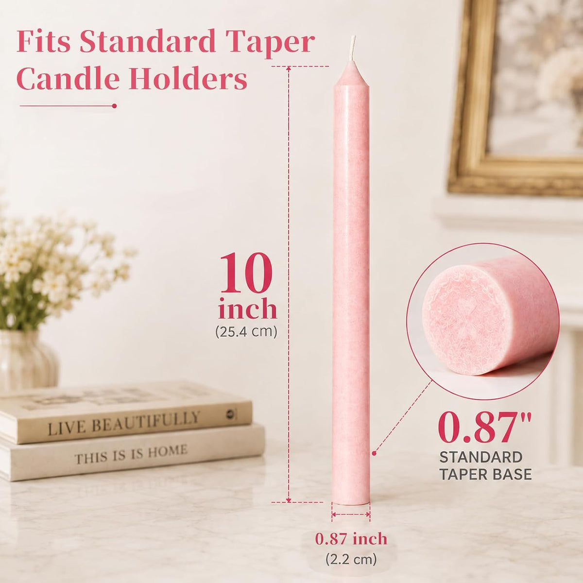 Pink Taper Candles 6 Pack,10 Inch Ice Flower Palm Wax Dripless Candlesticks
