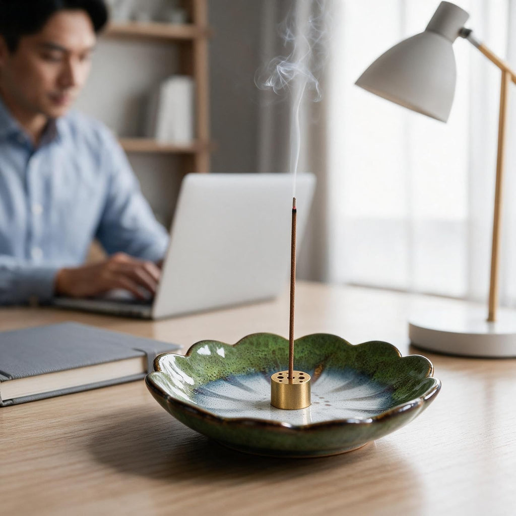 Pinehaven Green Lotus Incense Holder, Handcrafted Ceramic Japanese Zen Tray