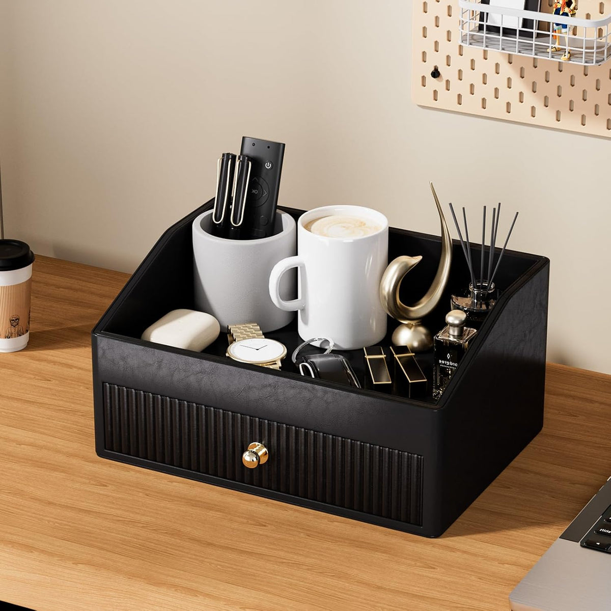 LADSTAG Desk Accessories,Black Vegan Leather Desk Organizers with 1 Draw & Tray,Remote Control Holder with Gold-Tone Metal Accents Knob for End Tables,Bedside Table,Bedroom