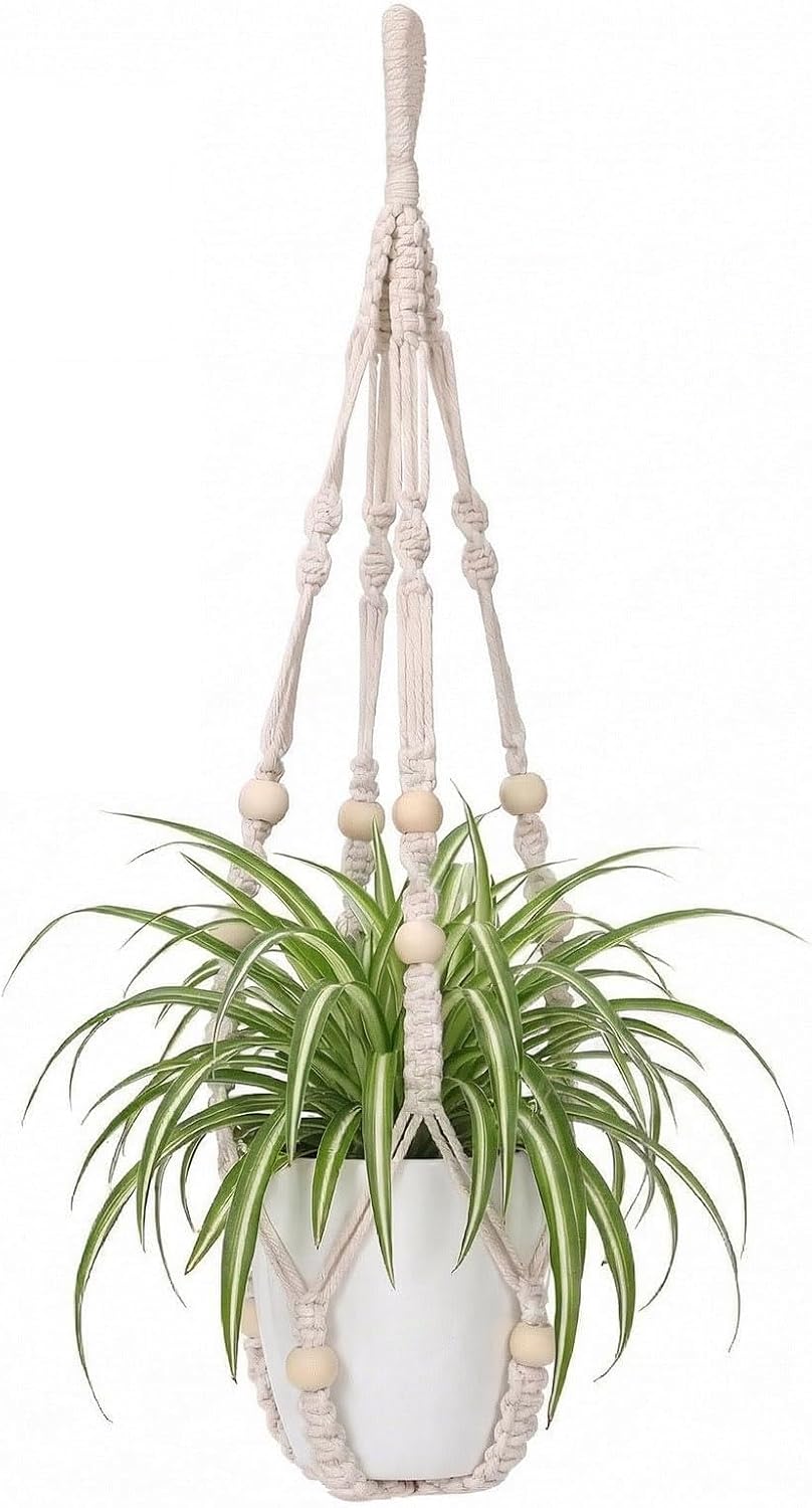 Macrame Plant Hanger Indoor, 23" No Tassel Hanging Plant Holder, Sturdy Flower Pot Holder with 2 Hooks - Ivory (Pot NOT Included)
