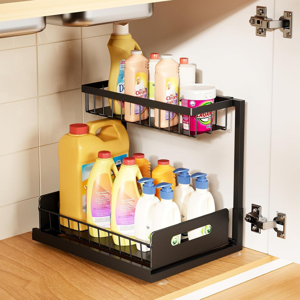 AIDIAM Under Kitchen Sink Organizer, Metal Pull Out Bathroom Organizers and Storage, 2-Tier Cabinet Organizer Shelf with Sliding Drawer, Home Organization for Kitchen, Laundry, Pantry, Black, 1 pack