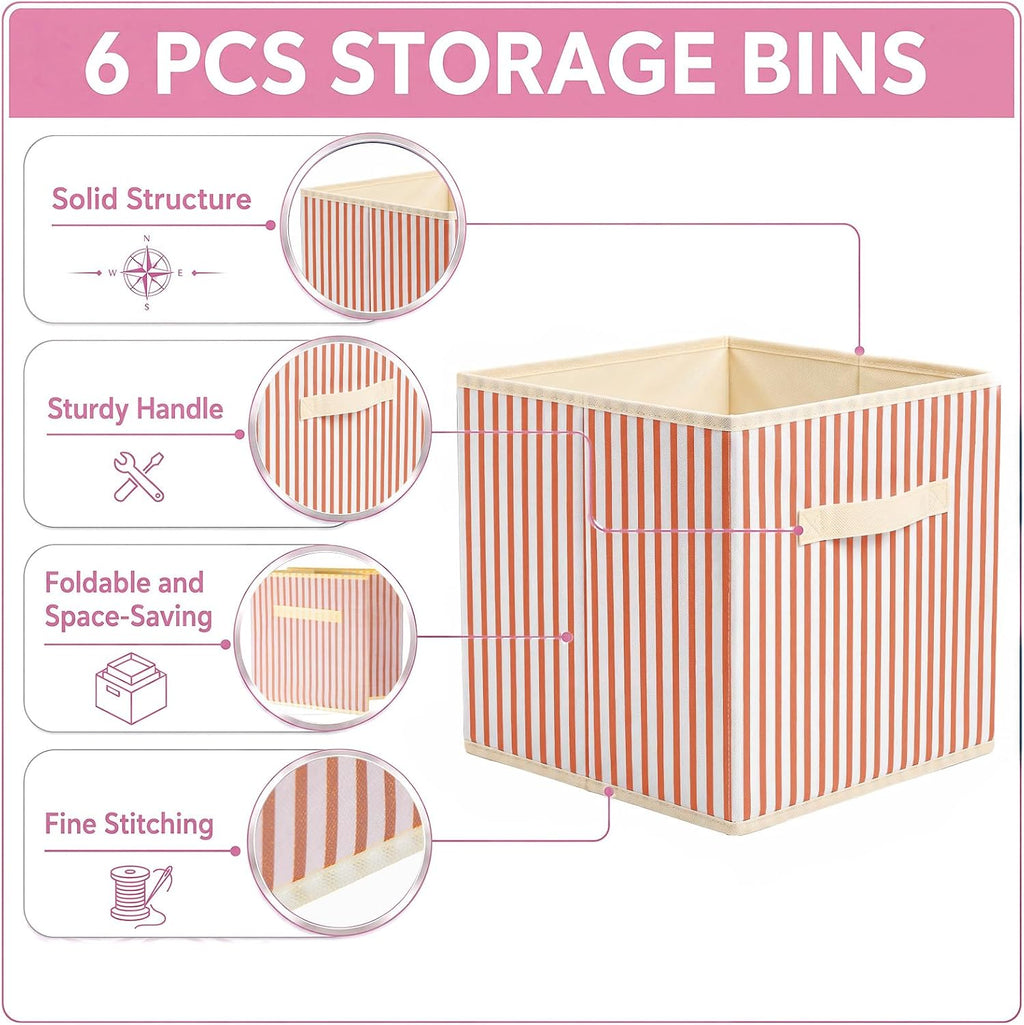 Amyhill 6 Pack Mixed Colors Striped Basics Collapsible Fabric Storage Bins