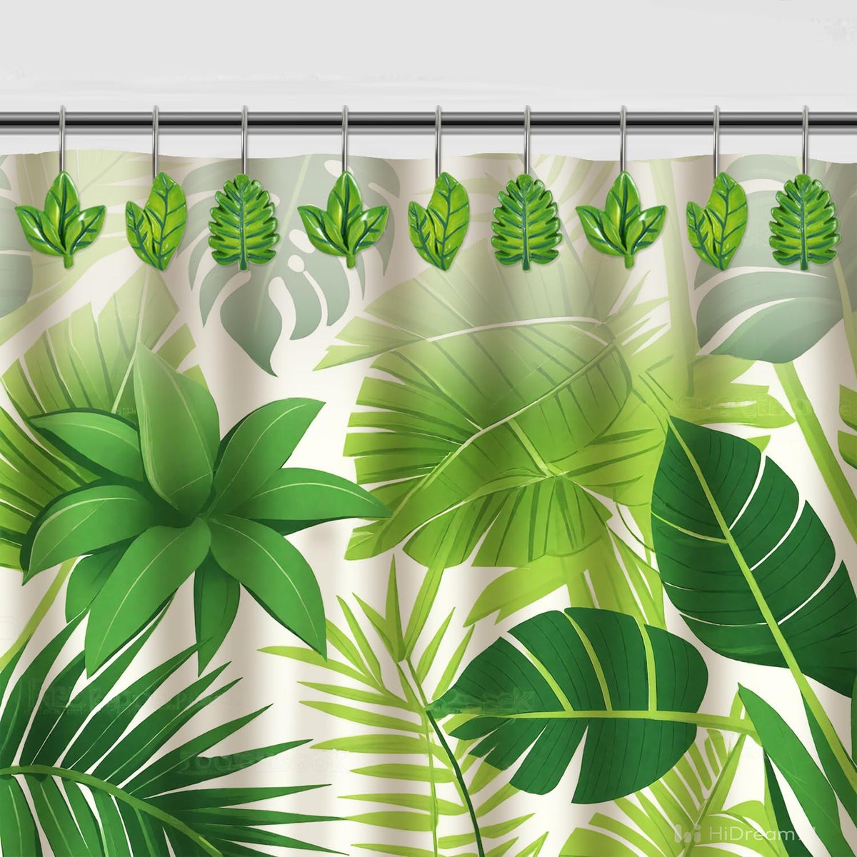 12-Piece Green Leaves Leaf Shower Curtain Hooks for Bathroom