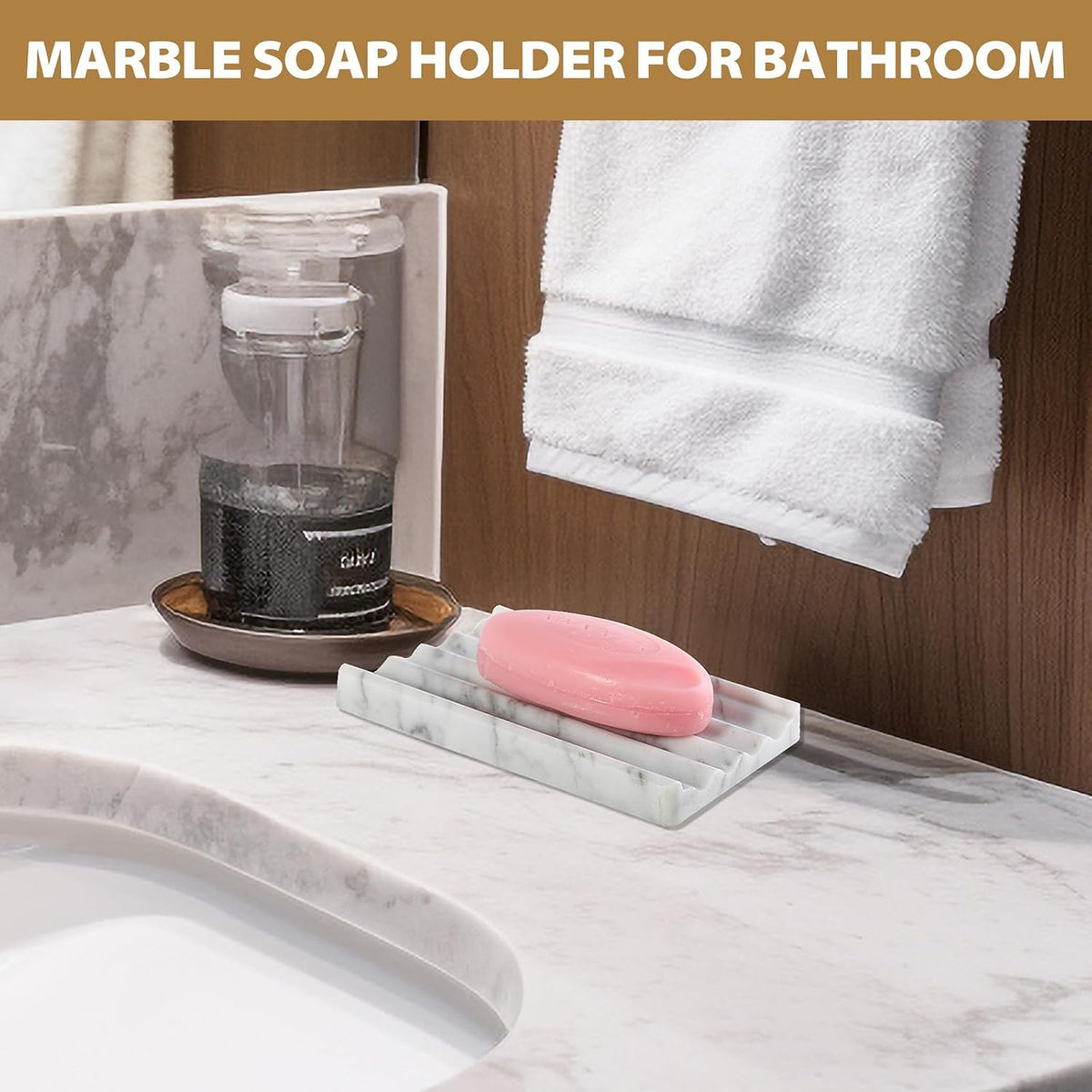 2PCS Koville Italian Natural Marble Soap Dish for Shower, Stone Soap Tray for Bathroom, Bar Soap Holder for Sink, Stripe Grooves Saver Keep Bars Dry Easy Clean (Bianco Carrara)