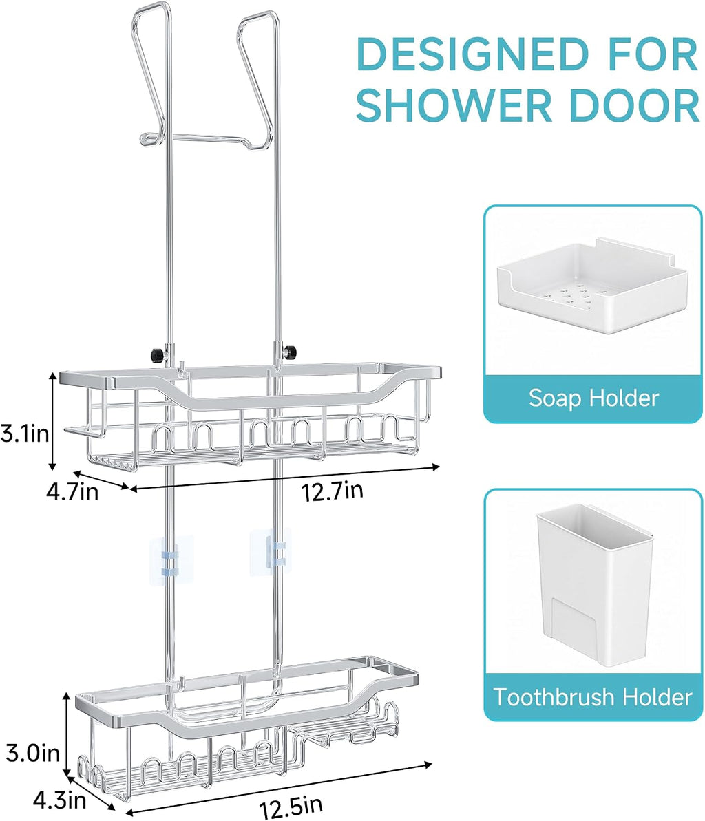 Shower Caddy Hanging Over the Door, Upgraded Extended Length Shower Organizer, Rustproof Bathroom Rack with Hooks Soap Holder, Silver
