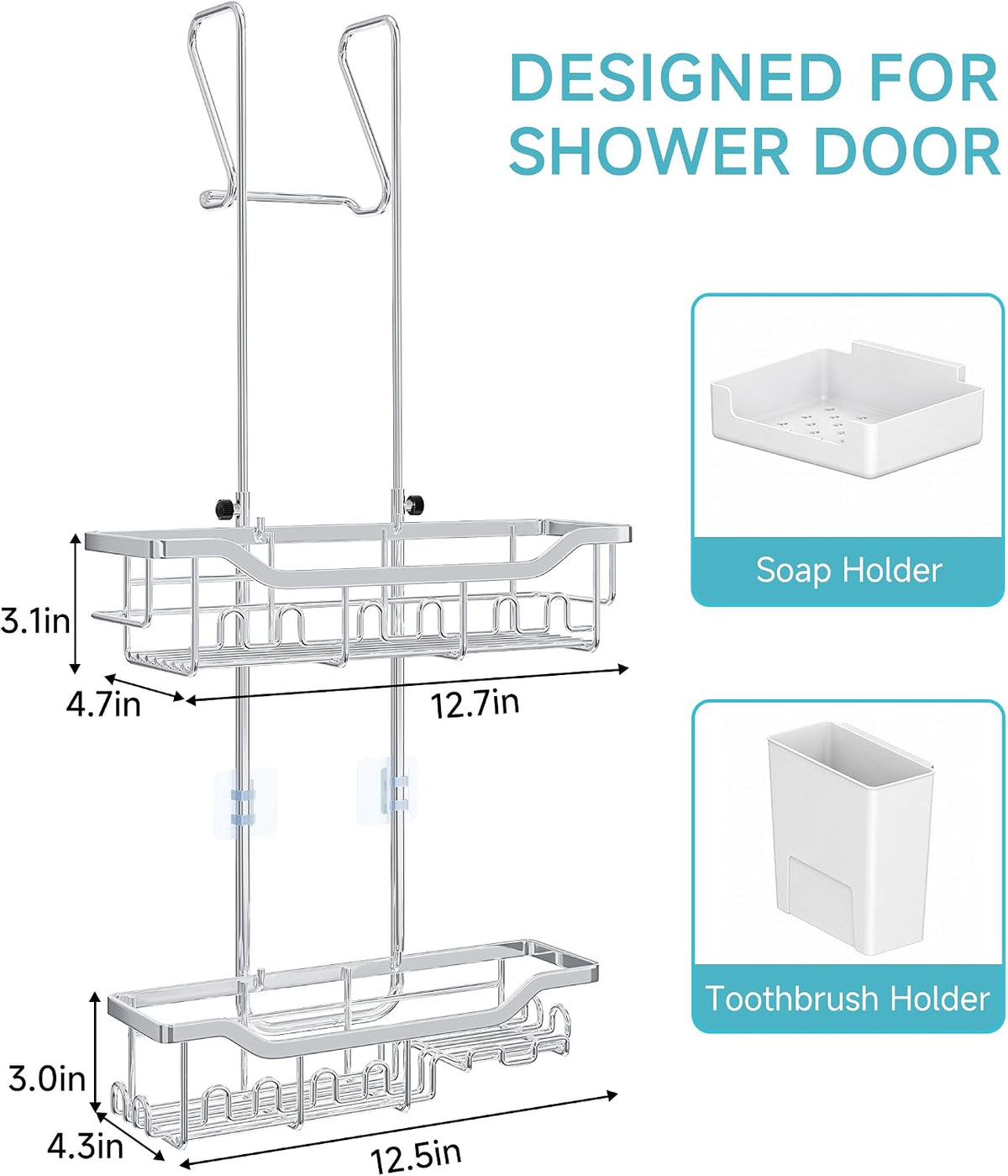 Shower Caddy Hanging Over the Door, Upgraded Extended Length Shower Organizer, Rustproof Bathroom Rack with Hooks Soap Holder, Silver
