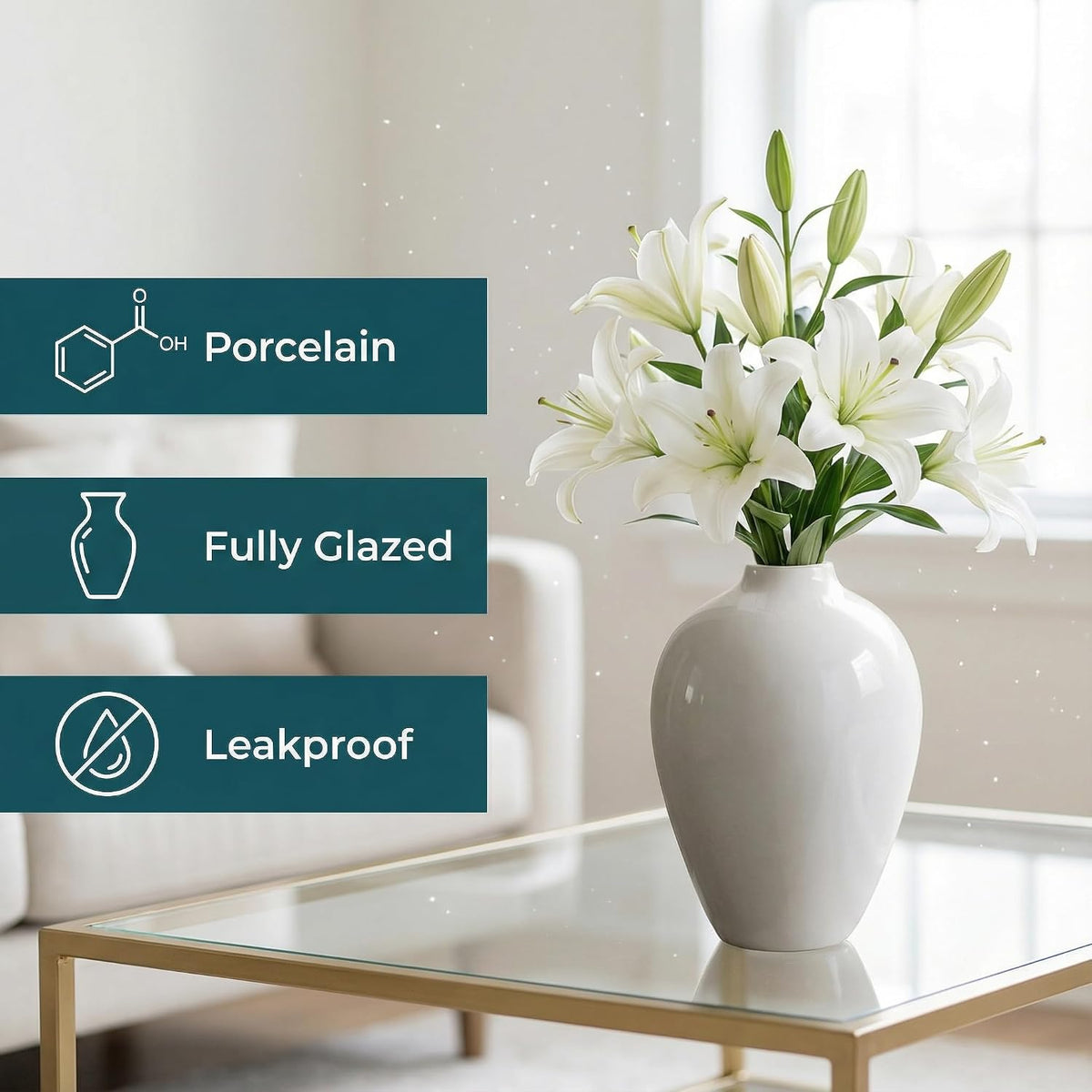 Willowy 10 Inch Elegant Glossy Porcelain Vase - White Ceramic Vase, Large Ceramic for Vases Home Decor, Tall White Decorative Vases for Pampas Grass