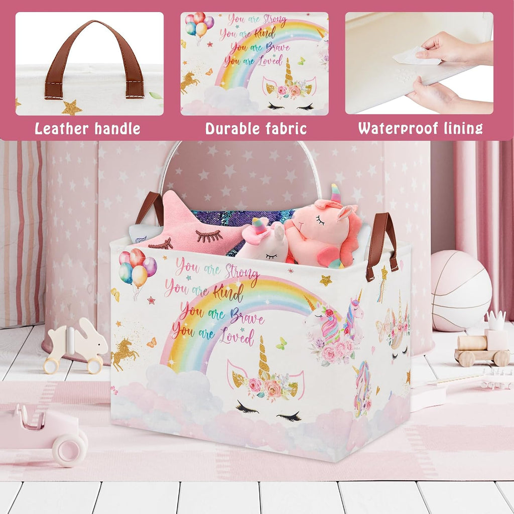 Unicorn Gift Bag Pink Kids Laundry Basket Rainbow Cloud Unicorn Nursery Decor Laundry Hamper ,Room Decor for Girls Bedroom, Rectangular Storage Box Cute Shelf Basket Clothes Book Toy Box Bin