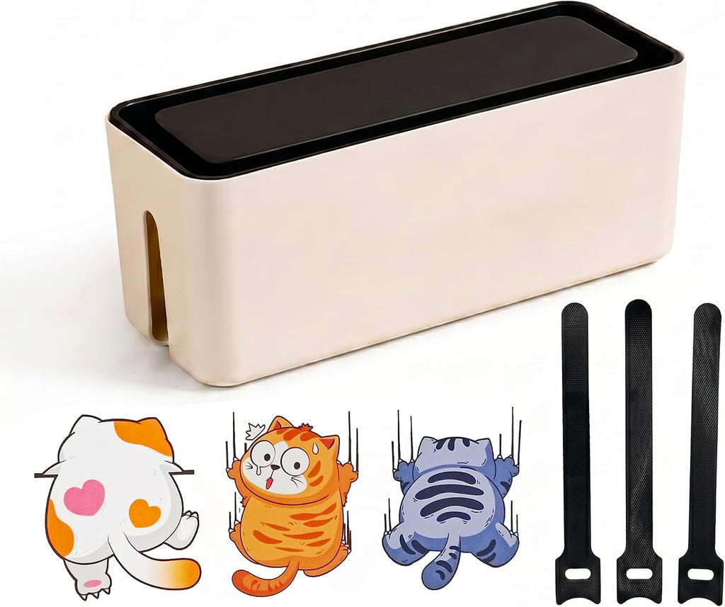Cable Management Box, Dust-Proof & Heat Dissipation Cord Organizer, Hide Power Strips and Messy Wires, 11.8" (L) x 4.3" (W) x 4.5" (H), Home Office Desk Accessories, Includes 3 Stickers & Straps