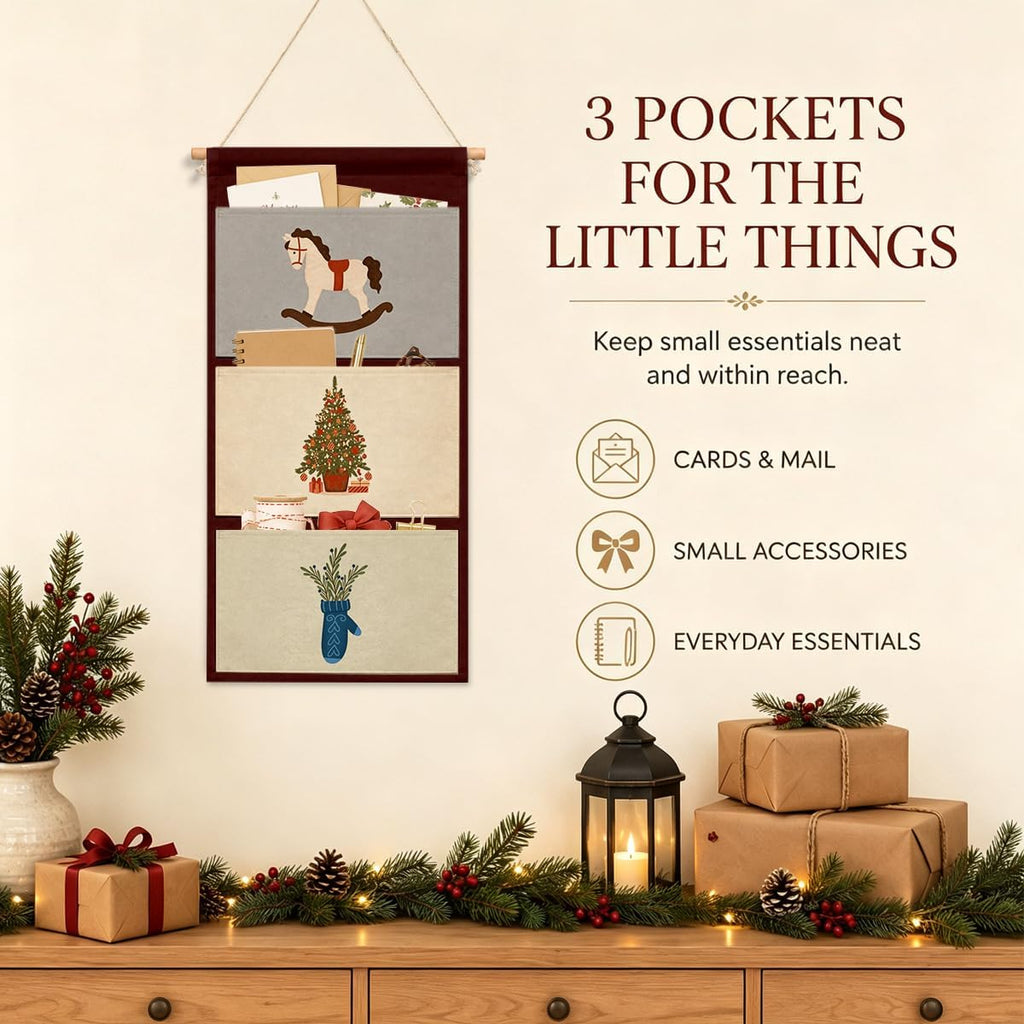 IAXIC Christmas Decor Rocking Horse Tree Mitten Canvas Wall Art Organizer