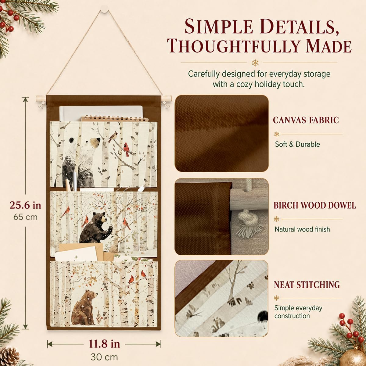 IAXIC Christmas Decor Bear Cardinal Bird Canvas Wall Art Hanging Organizer