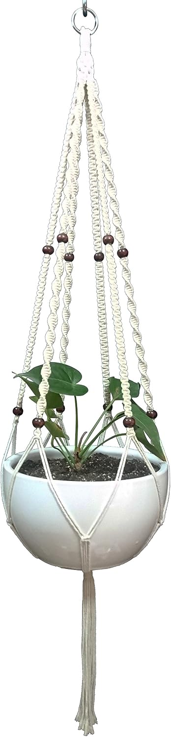 Plant Hanger Macrame Cotton 6 Legs 51 Inches in Tan and Green Color for Indoor Outdoor, Living Room, Kitchen, Deck, Patio, High and Low Ceiling with Size of 10-12 inches Without THE Pot (Cream)