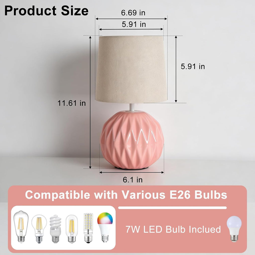 Pink Ceramic Table Lamp with Linen Shade, Small Bedside Lamp for Bedroom