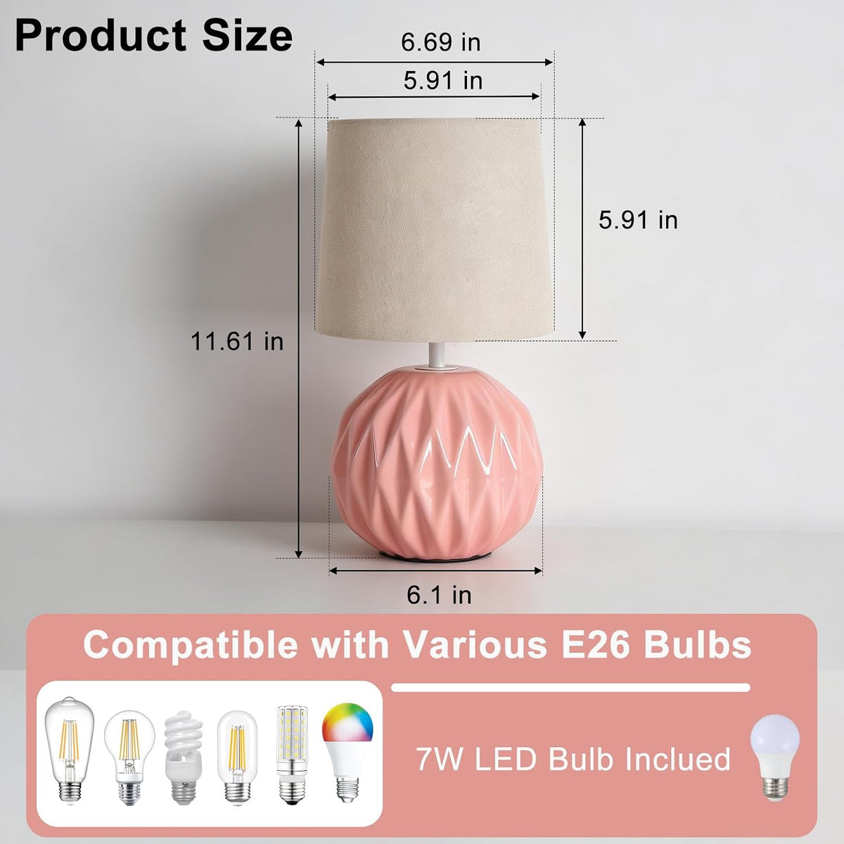 Pink Ceramic Table Lamp Set of 2, Small Bedside Lamp with Linen Shade