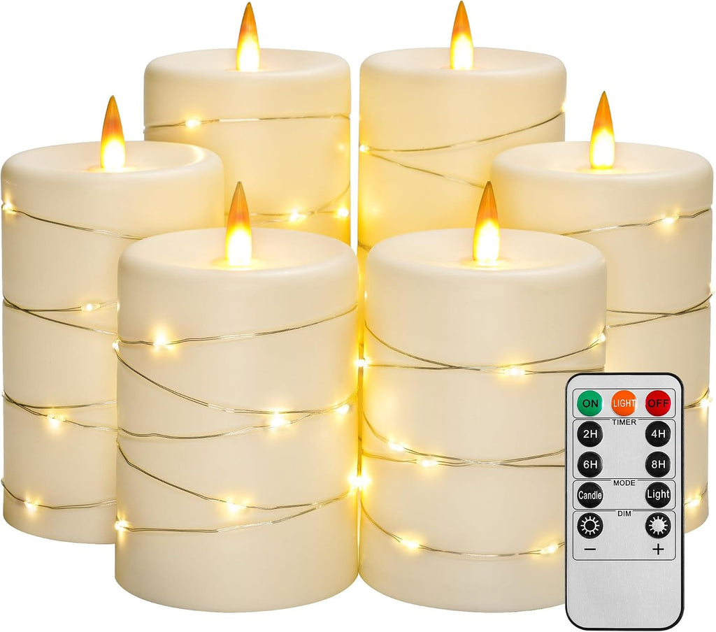 Upinmz 6 Pack Flameless LED Pillar Candles, Battery Operated Flickering Plastic Candles with Remote & Timer, Set for Home, Wedding & Holiday Ambience, Ivory White